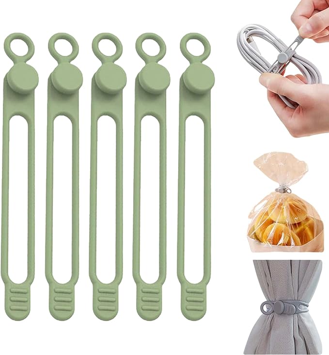 Data Cable Organizer, Silicone Cable Ties Reusable - Elastic Cord Organizer for Electronics, Adjustable Wire Ties for Cable Management,Computer Wires,Phone Charger,Earphone,Home Office (Green, 5PCS)