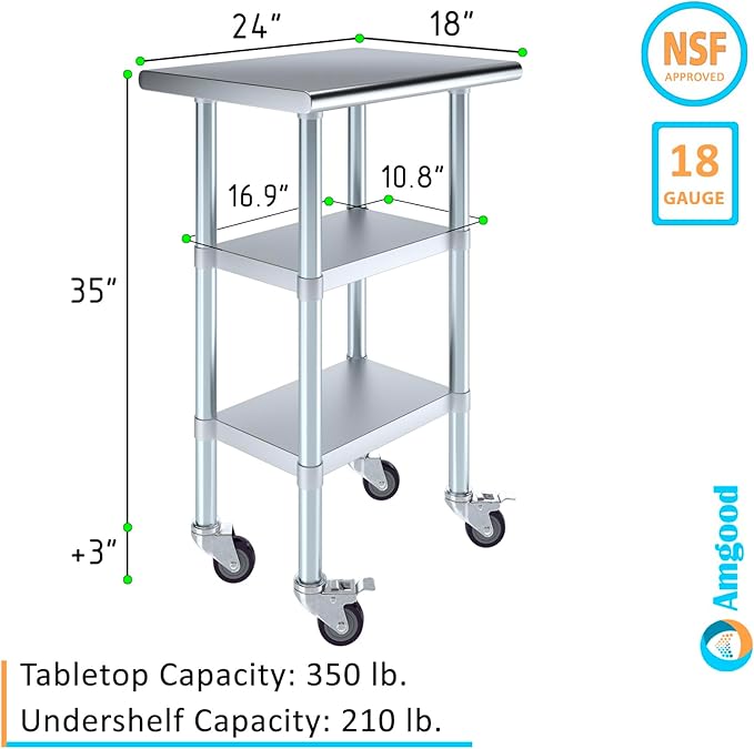 AmGood Stainless Steel Work Table with 2 Shelves and Casters | Metal Utility Table On Wheels (Stainless Steel Work Table with 2 Shelves + Casters, 24" Long x 18" Deep)