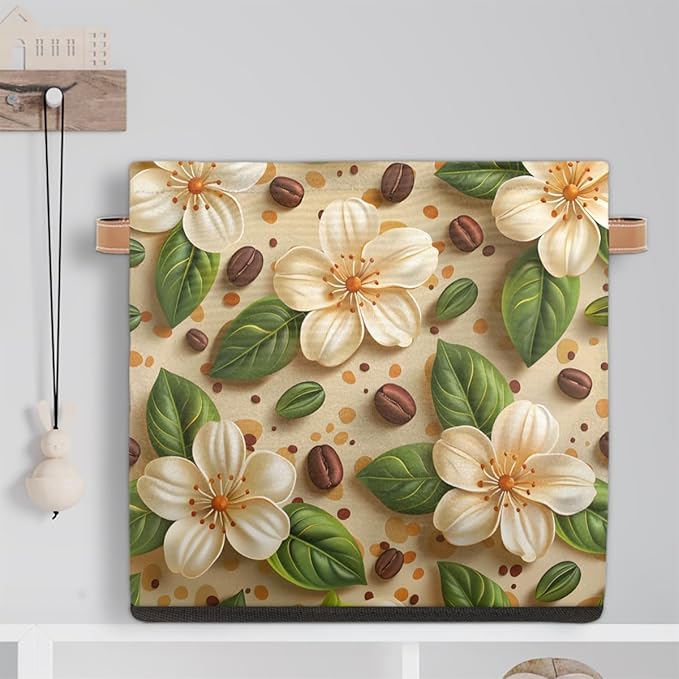 TropicalLife 13x13x13 Inch Large Fabric Storage Cube Beige Floral Print Foldable Storage Bin with Handles Organizer Boxes Cube Basket for Shelves Organizing Closet