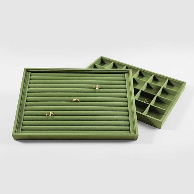 Velvet Ring Display Tray, Stackable Muilt Slot Rings Ear Stud Storage Tray, Drawer Insert Jewelry Accessories Organizers Plate (Olive Green)