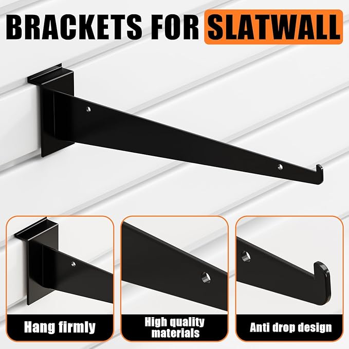 10" Black Slat Wall Shelf Brackets,10 PCS Slat Wall Brackets with Lip, Floating Metal Slat Wall Accessories