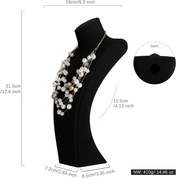 GemeShou Black necklace storage organizer for sale, Velvet necklace holder stand, jewelry bust display stands, Jewelry Mannequin for Countertop, Showcase【Black-Large height 12.4 inch】