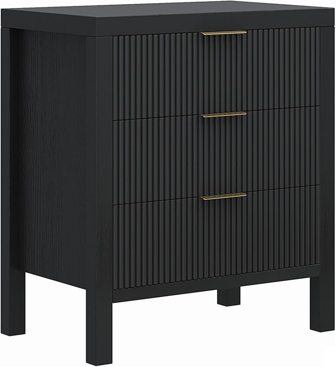 3 Drawer Dresser, Modern Wood Storage Chest of Drawers Organizer with Waveform Panel, Fluted Dresser with Wide Drawers and Golden Handles for Bedroom, Hallway, Entryway, Black