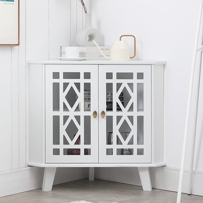 Scurrty 32'' Corner Shelf Stand, Small Corner Table Sideboard Cabinet with 2 Doors and 2-Tier Shelves, Free-Standing Storage Organizer for Living Room, Dining Room & Bathroom (White)