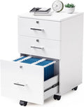 VINGLI 3-Drawer File Cabinet with Lock, Wood Rolling Filing Cabinets for Home Office, Mobile Printer Stand, Under Desk File Organizer for Letter Sized Files, 26" H(Caster Included), White