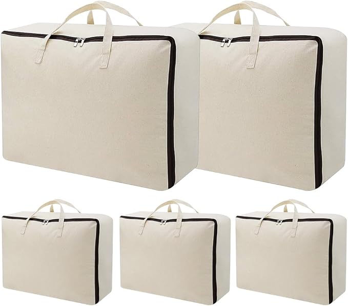 AMJ 5 Pack Oversized Storage Bag for Moving, Packing Supplies, Organizer Tote, Natural Cotton Canvas Zippered Sweater Bag, Reusable and Sustainable (Beige, 5 Pack)