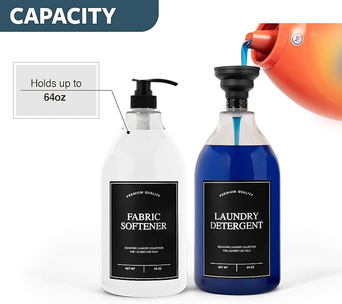 Calindiana Laundry Detergent Dispenser for Laundry Room Organization, Clear 64oz PET Plastic Landry Soap Containers with Black Water Resistant Labels, Black Pumps and Screw Caps, Collapsible Funnel