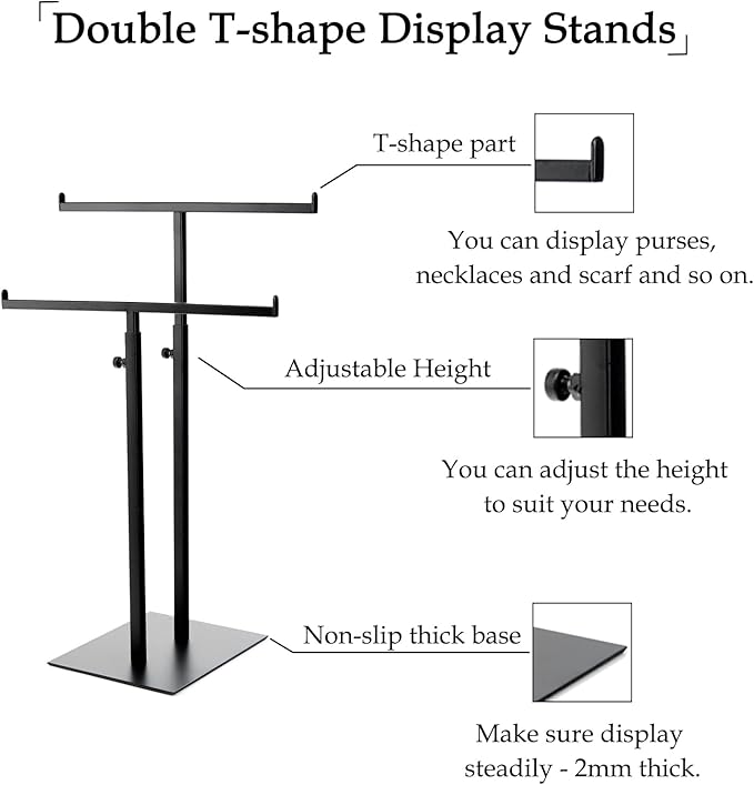 Purse Display Stand Jewelry Towers, Black Double T-Shaped Tabletop Stainless Steel Hook Hanging Adjustable Height Handbag Holder for Organizer Luxury Bags Necklaces Home Store Boutique Retail Closet