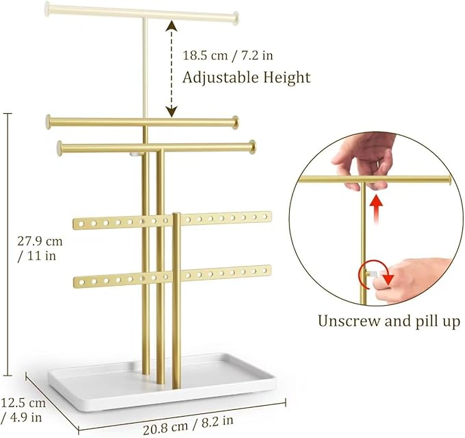 3 Tier Jewelry Holder Organizer, Necklace Display Stand, Height Adjustable Jewelry Tower for All Earrings, Bracelets, Watches, Rings
