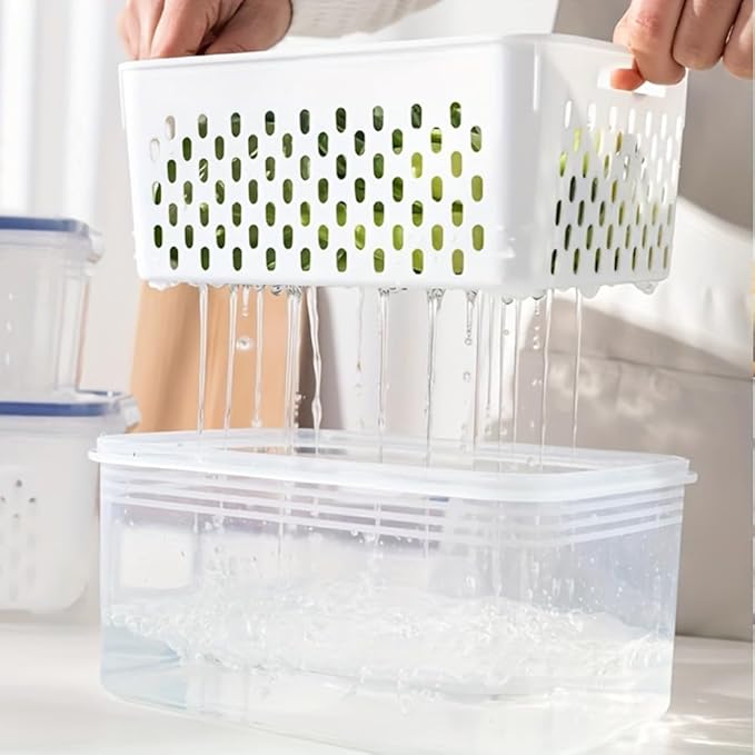 iayokocc 2 Pack Fruit Storage Containers for Fridge, Stackable Food Storage Containers with Removable Colander, Refrigerator Organizer with Drain Baskets Lids- Keeping Food Fresh Longer