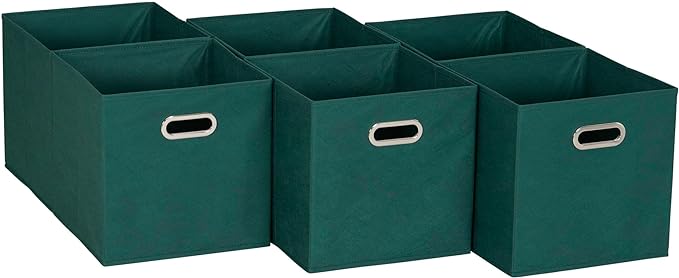 Household Essentials Foldable Fabric Storage Cubes 6-Pack – 11x11x11 Stackable Non-Woven Bins with Chipboard Sides & Grommet Handles – Closet, Shelf, Nursery, or Office Organizer – Forest Green