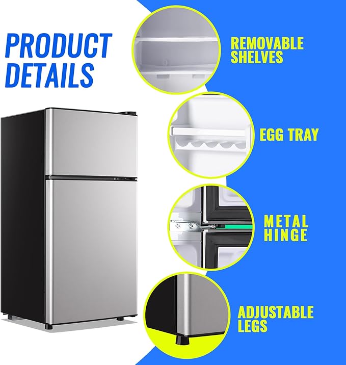 Small Fridge with Freezer Small Refrigerator 2.4 Cu.ft Fridge Dual Door Apartment Size for Personal Senven Temp Gear Silver