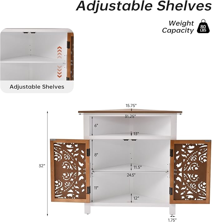 Boho Corner Cabinet, Narrow Organizer with Carved Floral Doors, Storage Cabinet with Adjustable Shelf and Open Storage, White & Natural Wood Finish for Living Room, Kitchen, or Bathroom