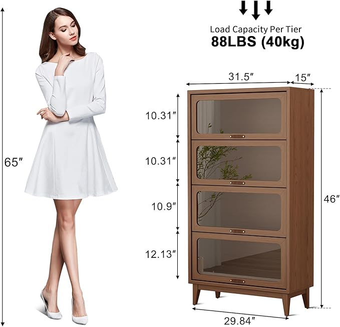 Solid Wood Bookcase 4-tire with Tempered Glass Flip-Up Doors,60Hx13.7Dx32W Bookshelves Finish Cube Storage Organizer,Bookshelf Versatile Pantry Cabinet for Living Room Home Office