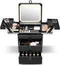Qislee Makeup Box with Double Drawers and Four Trays, A Detachable Lighted Mirror, Waterproof Travel Train Case, Cosmetic Organizer and Makeup Suitcase with Magnetic LED Mirror(Black)
