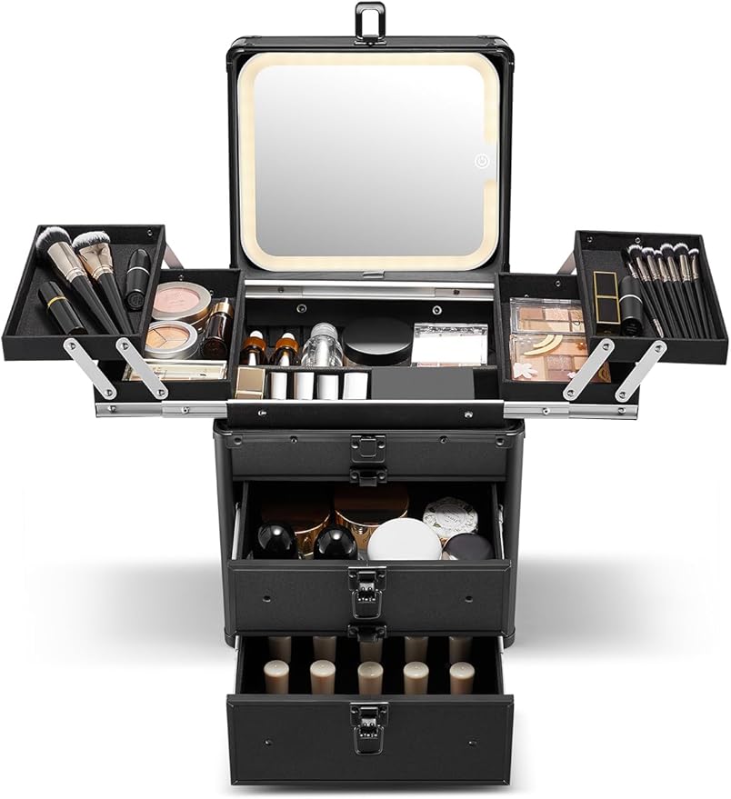 Qislee Makeup Box with Double Drawers and Four Trays, A Detachable Lighted Mirror, Waterproof Travel Train Case, Cosmetic Organizer and Makeup Suitcase with Magnetic LED Mirror(Black)