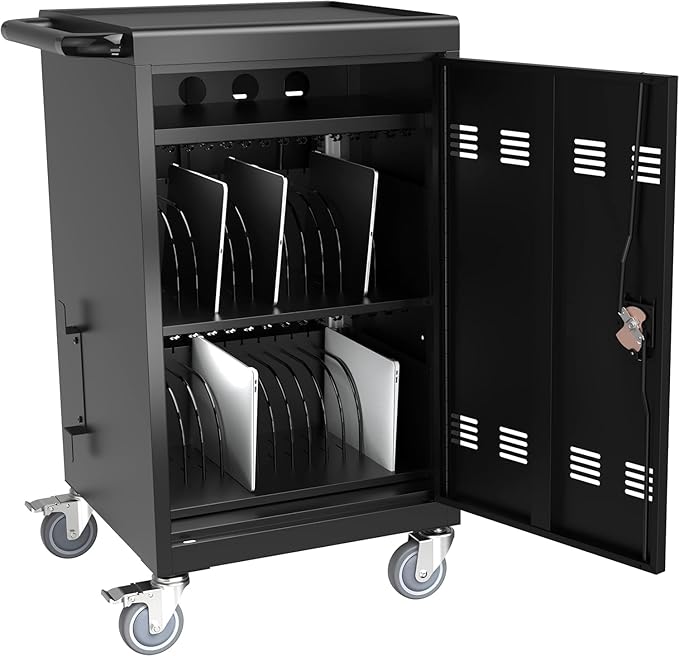 Laptop Charging Cart, 32 Devices Tablet Storage Carts for Ipad up to 16.3" Screen Size, Mobile Charging Station for Classroom, Fast Charging, Security Storage, Easy Use, Black