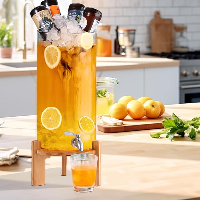 Beverage Dispenser, 3.5 Gallon Glass Drink Dispenser with Stand, Glass water dispenser with Spigot, Large Drink Dispensers for Parties,Bars,Restaurants, 13L