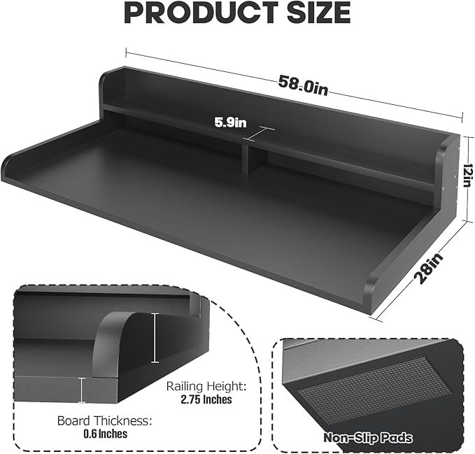 2-Tier Washer Dryer Countertop with 2.75" H Edge Rails, 58" W x 28" D Laundry Countertop for Folding Clothes, Washer and Dryer Topper with Non-Slip Pad (Black)