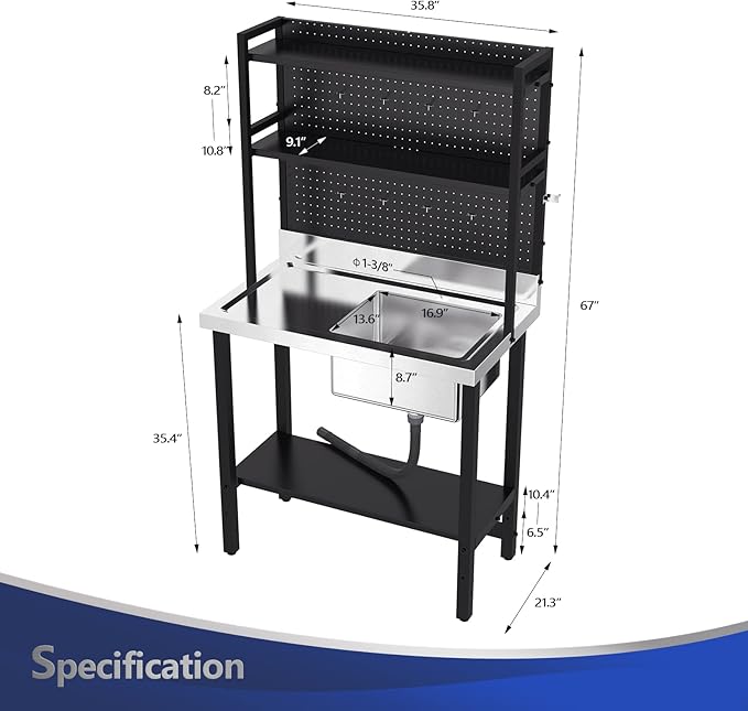 VINGLI 67'' Commercial Sink with Drainboard and Adjustable Shelves Pegboard for Hanging Tools, 304 Stainless Steel Table Freestanding Utility Counter Restaurant, Garage Silver & Black 1