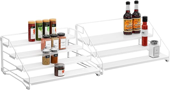 Spice Organization for Cabinet, Spice Rack Organizer, Spice Rack Organizer for Cabinet, Depth Adjustable Seasoning Organzier Organizer for Cabinet, Countertop, Pantry, Metal, White (2 Pack)