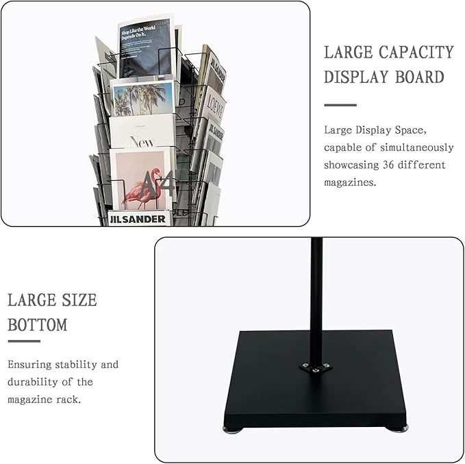 TONGMO 36-Pocket Rotating Magazine Rack Stand, Floor Spinner Display for Magazines, Comic Books, Brochures, A4 Organizer for Office, Bookstore, Home, Reception