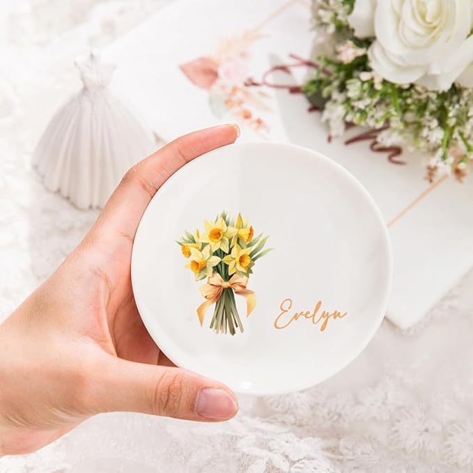 Custom Ceramic Jewelry Tray Birth Flower Personalized Name Decorative Trinket Dish for Rings Earrings Necklaces Birthday Christmas Bridesmaid Gifts for Women Her Size 4"×4"