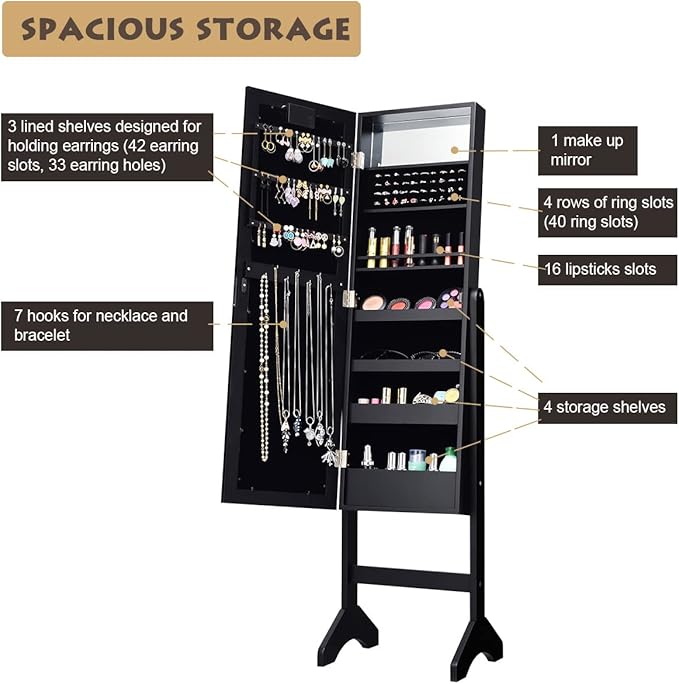 Giantex Standing Jewelry Armoire with 18 LED Lights Around the Door, Large Storage Mirrored Jewelry Cabinet with Full Length Mirror, 16 Lipstick Holders, 1 Inside Makeup Mirror (Black)