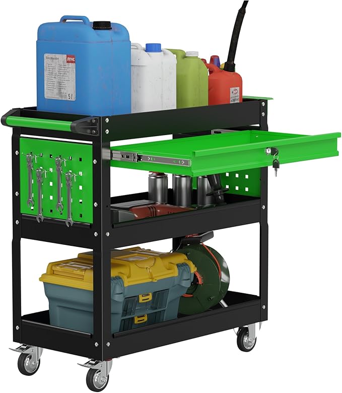 Heavy Duty 3 Tier Tool Cart, Mechanic Metal Rolling Tool Cart with Storage Drawers for Garage Workshop