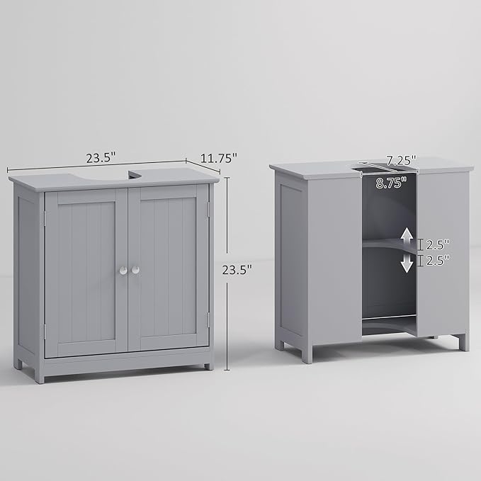 kleankin 23.5" Pedestal Sink Storage Cabinet, Freestanding Bathroom Under Sink Cabinet with U-Shape Cut-Out and Adjustable Shelf, Gray