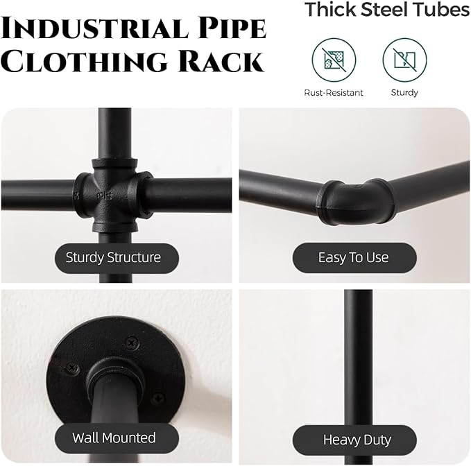 Industrial Pipe Clothes Rack Wall Mounted Clothing Rack,Heavy Duty Iron Pipe Garment Rods,Detachable Multi-Purpose Clothing Hanging Rod/Garment Bar, Black