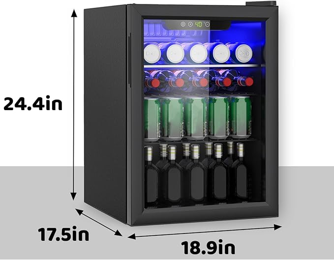 Compact 95 Can/2.6Cu.Ft Mini Fridge For Soda, Beer Or Wine, Portable Small Beverage Refrigerator With Digital Display&Removable Shelves &Reversible Glass Front Door For Office, Dorm, Bar