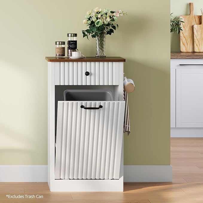 Tilt Out Trash Can Cabinet, 10 Gallon Fluted Laundry Hamper Cabinet with Drawers, Freestanding Wooden Hidden Garbage Can Cabinets for Kitchen, Living Room, Without Trash Bin or Laundry Hamper, White