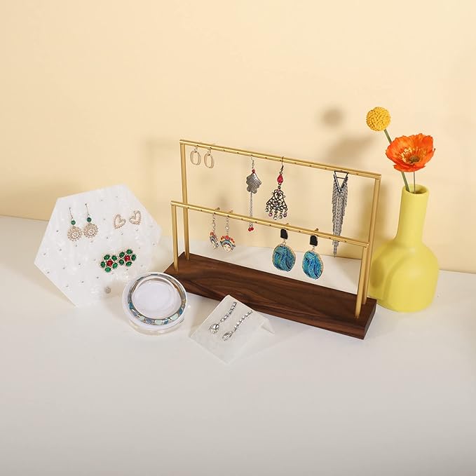 GemeShou wooden earring holder organizer for girls, walnut stud earring display stand for boutique store, jewelry storage organizer shelf【Walnut stand-Two Tiers】