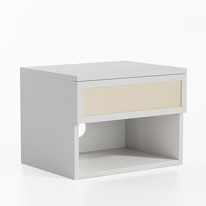 Rattan Floating Nightstands Set of 2, Wall Mounted End Table with Drawer and Open Compartment Modern Wood Bedside Night Stand Storage Cabinet for Bedroom Living Room, Antique White