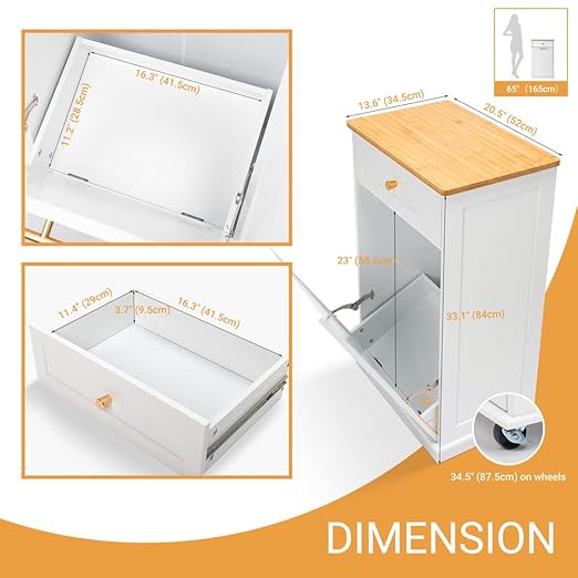 VINGLI Tilt Out Trash Cabinet, Garbage Can Cabinet with Drawer, 10 Gallon Movable/Freestanding Pet Proof Storage Organizer, Modern Trash Can Kitchen Cabinet, Living Room Storage, White