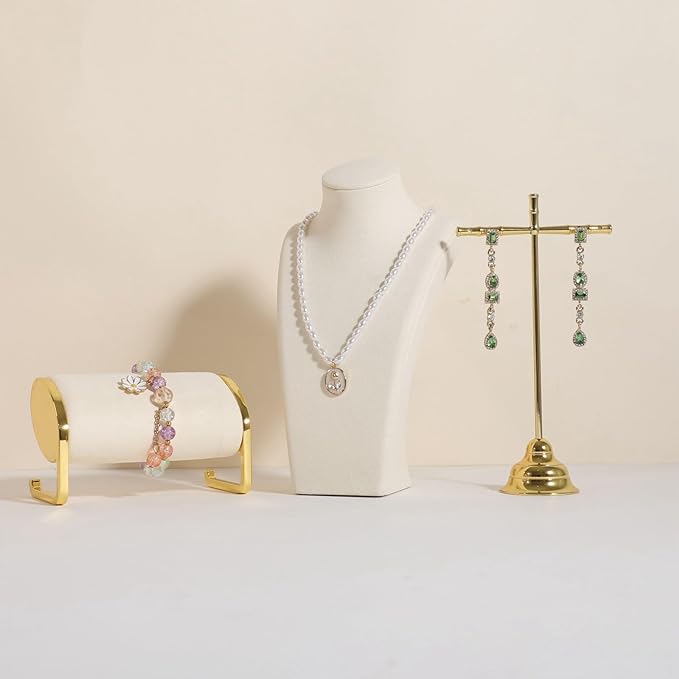 GemeShou Beige necklace storage organizer for sale, Velvet necklace holder stand, jewelry bust display stands, Jewelry Mannequin for Countertop, Showcase【Beige-Small height 7.68 inch】