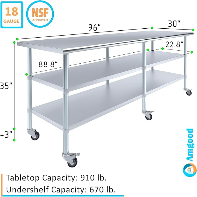 AmGood Stainless Steel Work Table with 2 Shelves and Casters | Metal Utility Table On Wheels (Stainless Steel, 96" Long x 30" Deep)