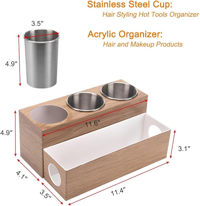 Hair Tool Organizer - Bathroom Vanity Organizers and Storage, Hair Styling Accessories Hot Tools Organizer Hair Dryer, Blow Dryer, Curling Iron, Flat Iron, Hair Straightener, Wood