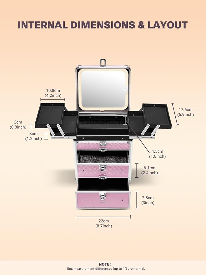 Qislee Makeup Box with Double Drawers and Four Trays, A Detachable Lighted Mirror, Waterproof Travel Train Case, Cosmetic Organizer and Makeup Suitcase with Magnetic LED Mirror(ICY Pink)