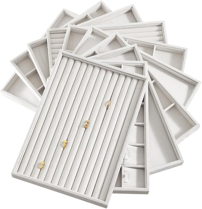 Velvet Stackable Jewelry Display Tray, 24 Grid Earring Ring Storage Tray, Drawer Divider Jewelry Accessories Organizer Plate (White)