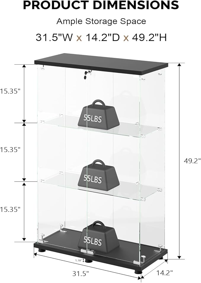 VINGLI Glass Display Cabinet with 3 Shelves, Double Doors and Lock, Floor Standing Curio Cabinets with LED Light, Upgraded Tempered Glass Bookshelf, for Living Room Living Room Bedroom Office, Black