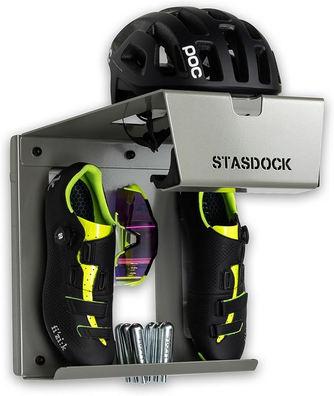 Stasdock Wall Bike Rack | Bike Storage Wall Mount System | For Race Bicycles (Silver Metallic) and Mountain Bikes | Bike Shelf | Indoor bike wall bracket | Stores helmet and shoes | Home and Garage