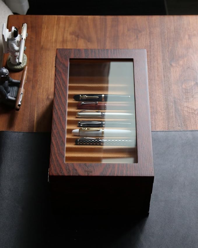 Wood Pen Display case 36 Slot Fountain Pen Box Storage Organizer with Drawer, Top Glass Window Pen Collection Display Case