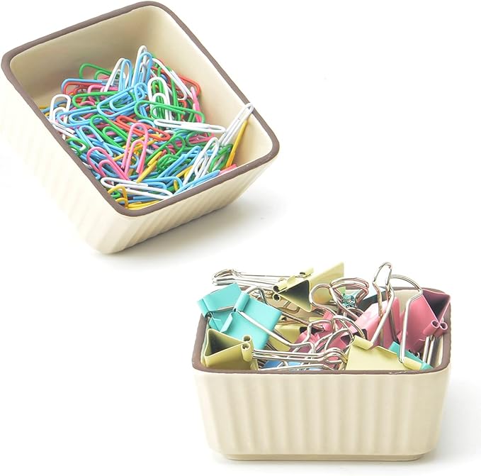 Ceramic Set 2, Square Dispenser/Organizer/Holder for Desk - Cute Office Binder Clip/Pin holders (Yellow)
