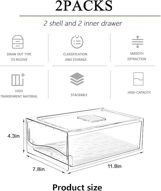 2 Pack Large Capacity Fruit Storage Containers for Fridge with Drain Board, Stackable Refrigerator Organizers Drawer,Reusable Food Storage Containers for Drinks, Meat,Vegetable,Produce,Fruit