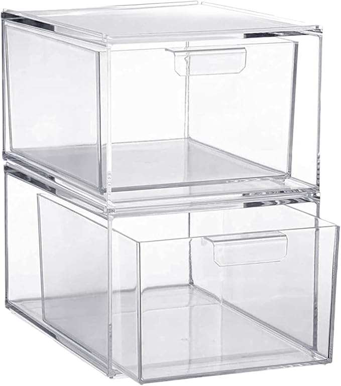 Clear Stackable Storage Drawers,2 Pack Acrylic Drawers Desk Organizers Makeup Organizer for Vanity, Bathroom,Cabinet,Desk Organization
