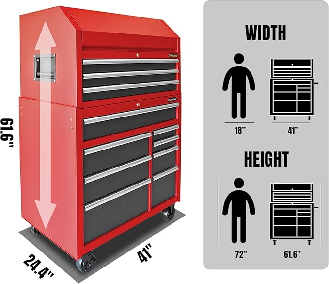 41-Inch Heavy-Duty Rolling Tool Chest Set - GSTANDARD 11-Drawer Steel Storage Cabinet for Garage, Warehouse & Workshop (Black/Red)