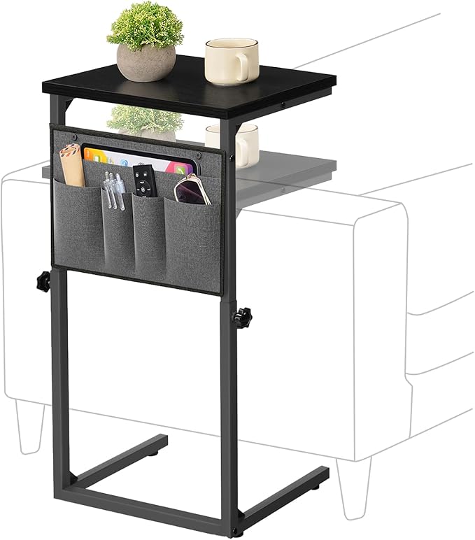 HOOBRO C Shaped End Table, 29.5’’ Adjustable Height Side Table with Storage Pockets, Couch Table Slide Under for Sofa, Small Space, for Living Room, Bedroom, Black BB77SF01