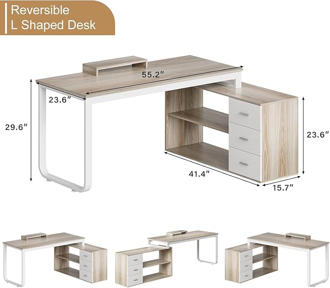 55 Inch Reversible L Shaped Computer Desk with 3 Drawers, Corner Desk with Storage Shelves and Removable Monitor Stand, White and Walnut